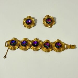 Vintage MCM Elizabeth Morrey Watermelon Glass Rhinestone Bracelet & Earrings Set